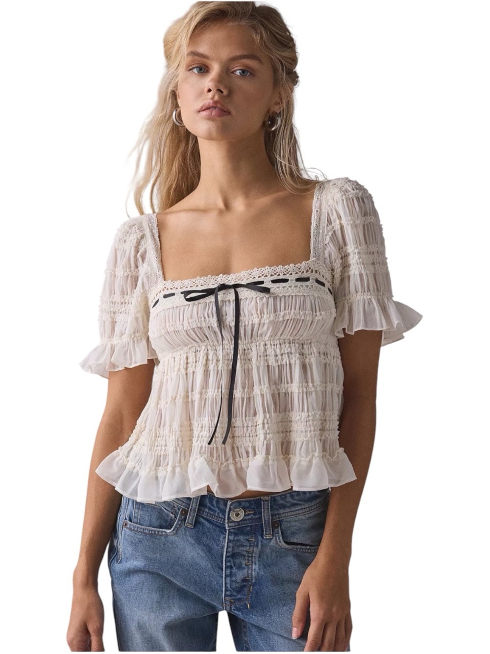 Urban Outfitters Kimchi Blue Serenade Ruffle Puff Sleeve Babydoll Blouse size L
